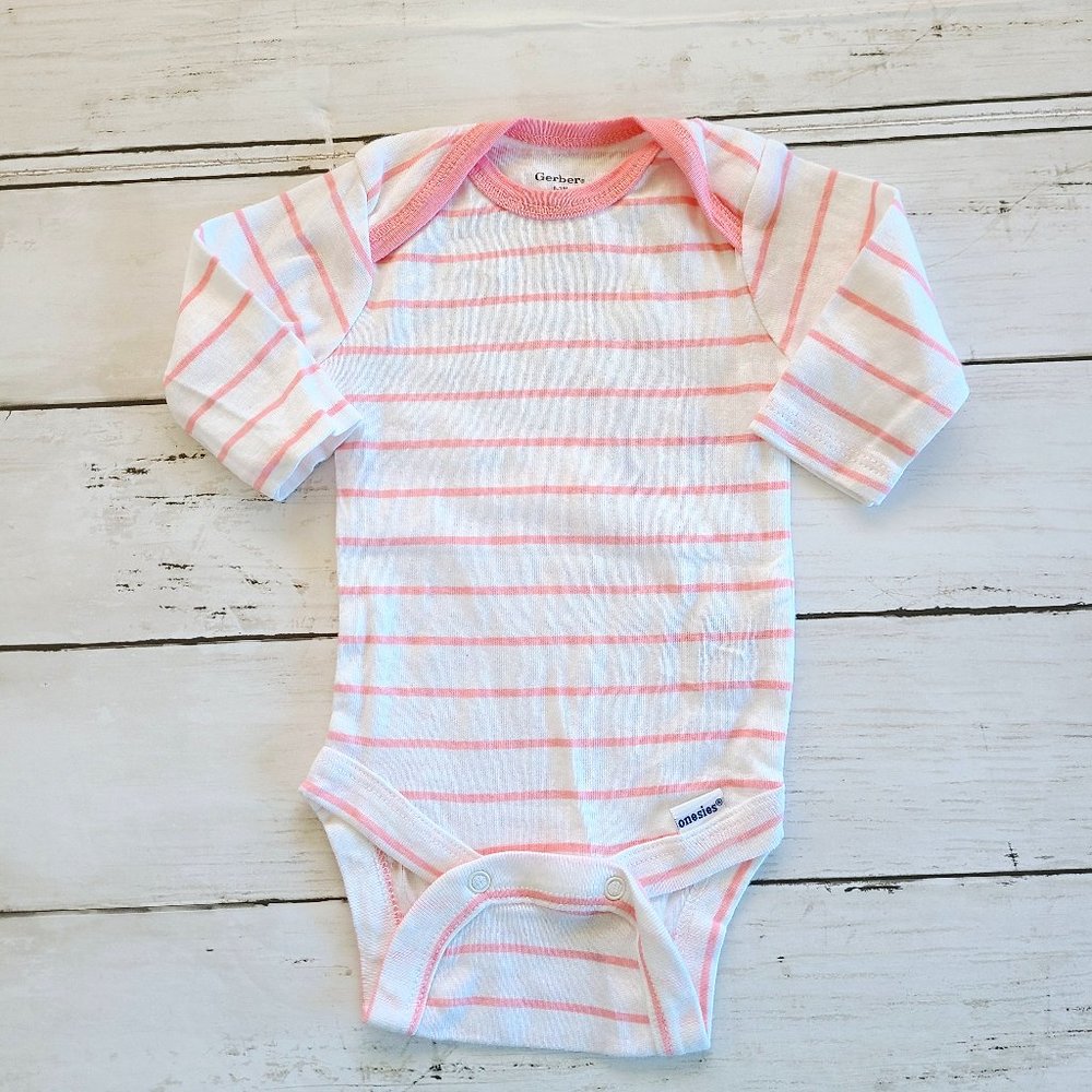 ♡ 5/$20 - Gerber Girl's White Pink Stripped Long Sleeve Bodysuit 0-3mo.